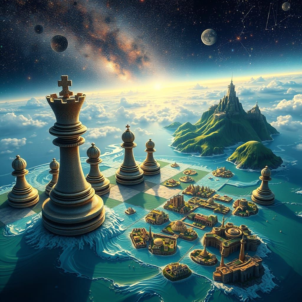 Fractal Chess Realms in Vibrant Dawn Light