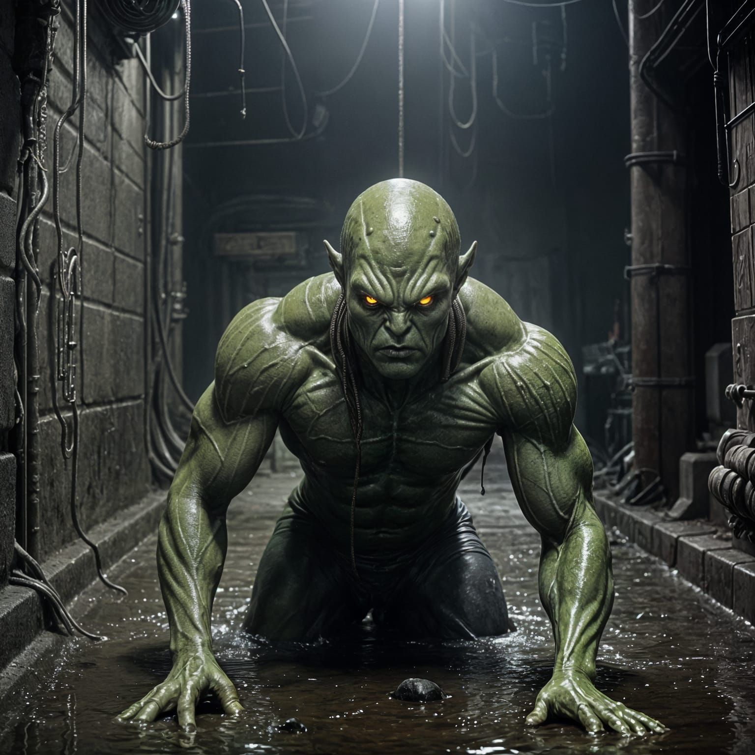 Secret Alien Beefcake Hiding in Dark Sewer