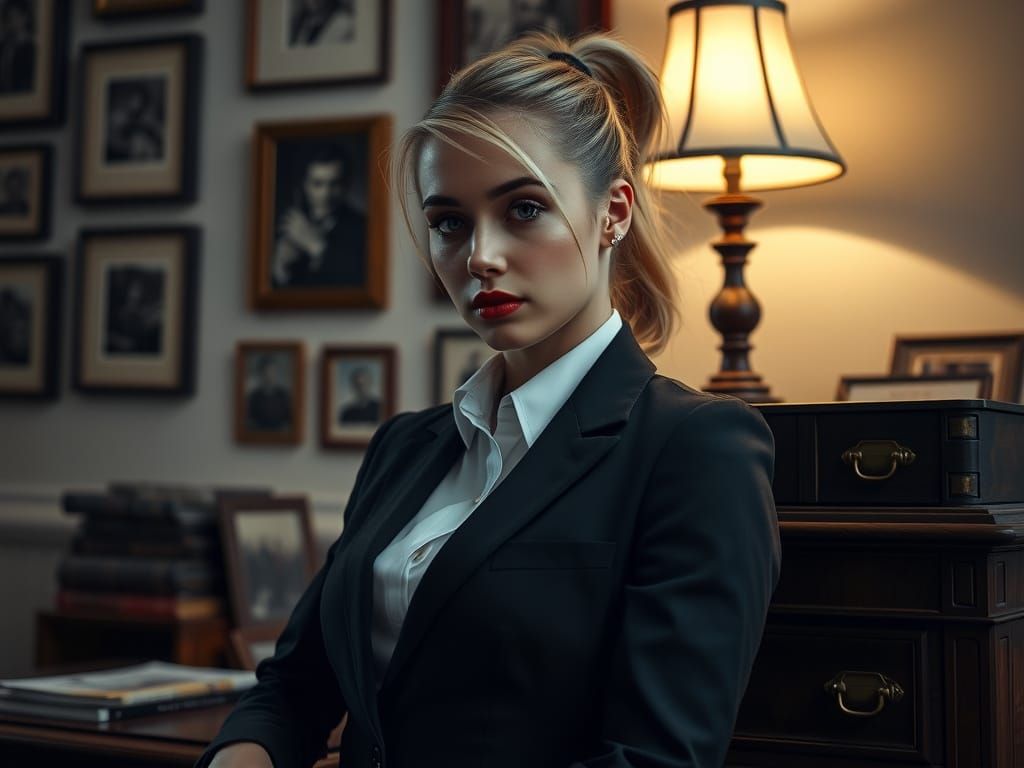 Elegant Woman in Suit at Mahogany Desk