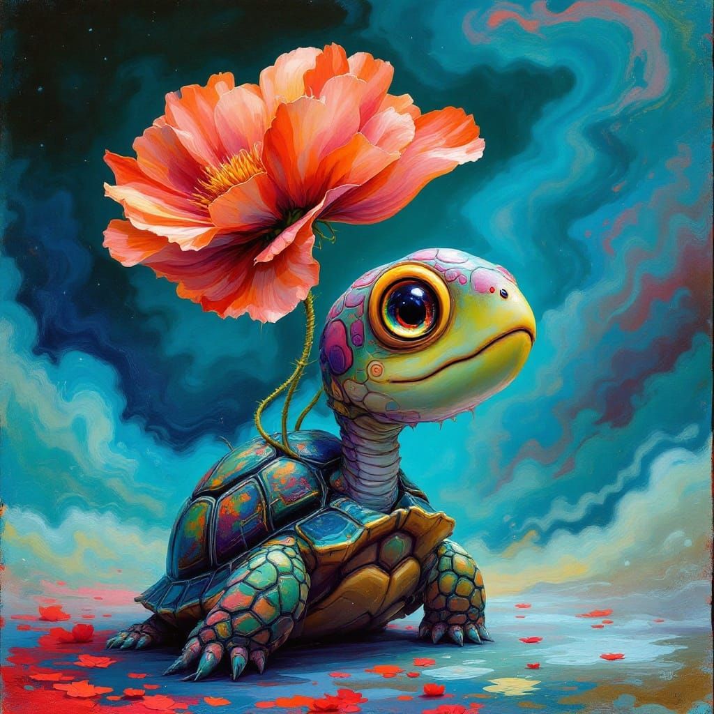Surreal Poppy Turtle in Vibrant, Swirling Landscape