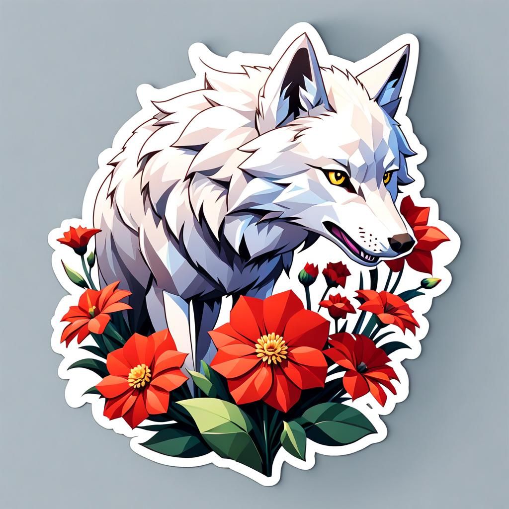 Low Poly Wolf Near Flower Sticker
