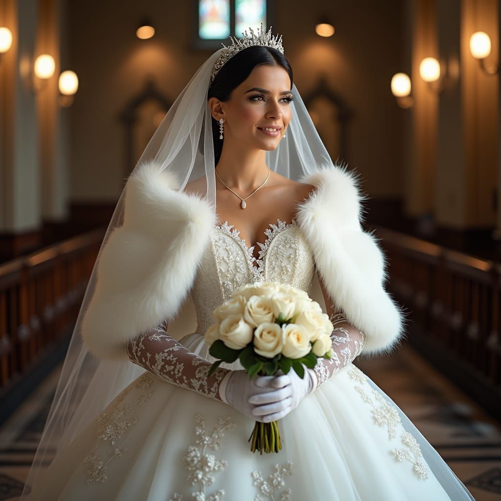 Radiant Bride in Fur Cape: Hyperrealistic Color Portrait