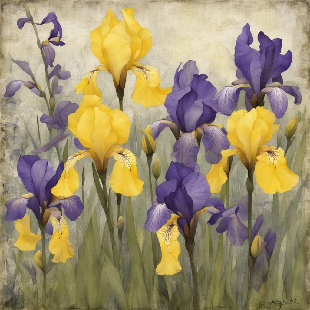 Blooming irises purple and yellow