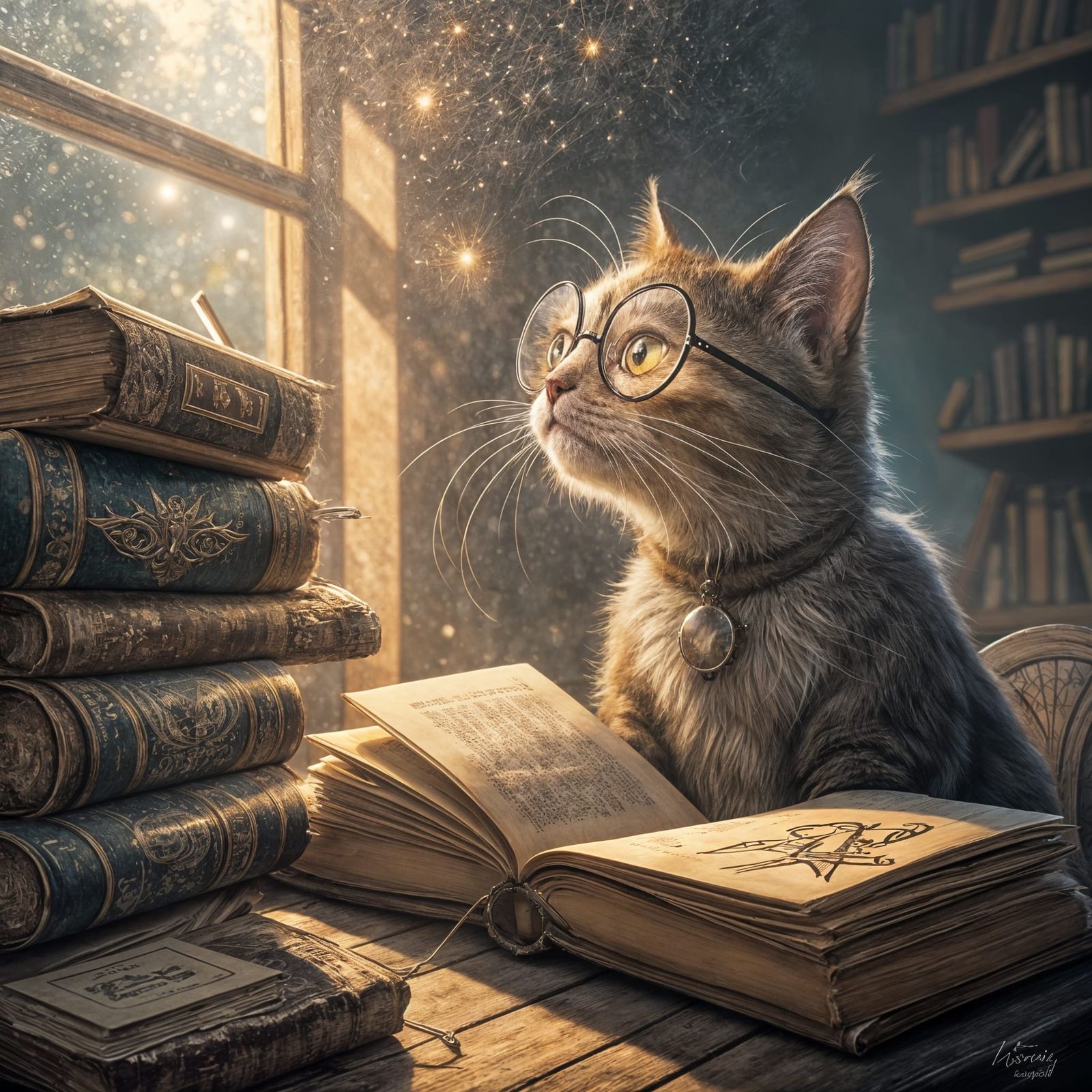 Surreal Feline Scholar Unfolds Mystical Secrets in Illuminat...