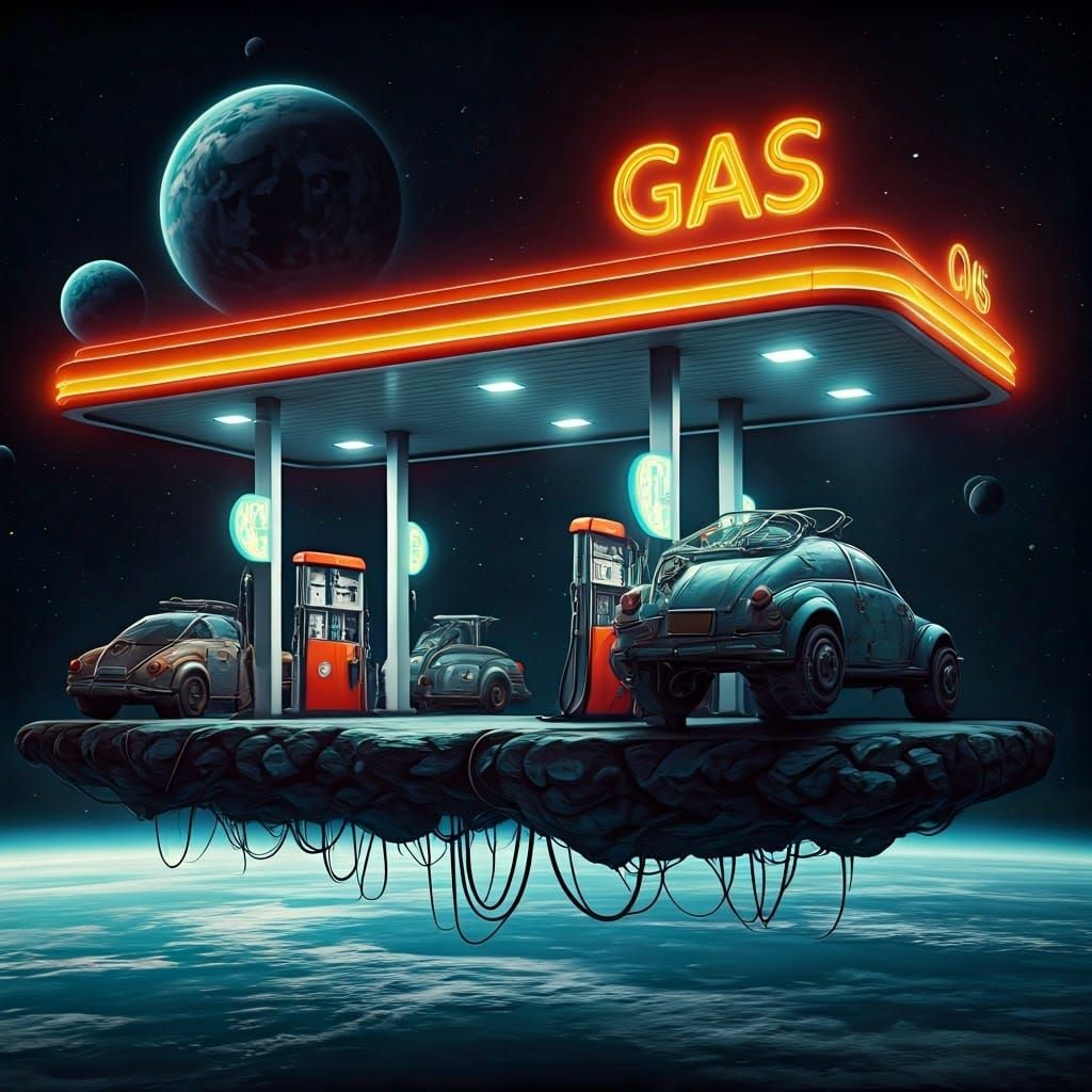 Futuristic Alien Gas Station in Space with Neon Sign