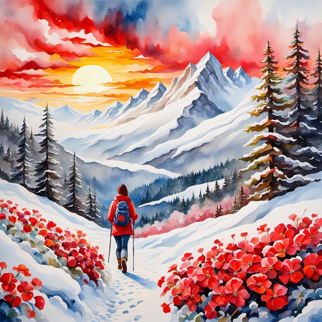 Winter Landscape with Red Begonias: A Naturalistic Painting