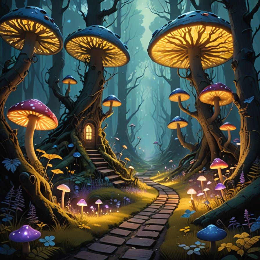 Enchanted Yellow Brick Road in Mysterious Forest