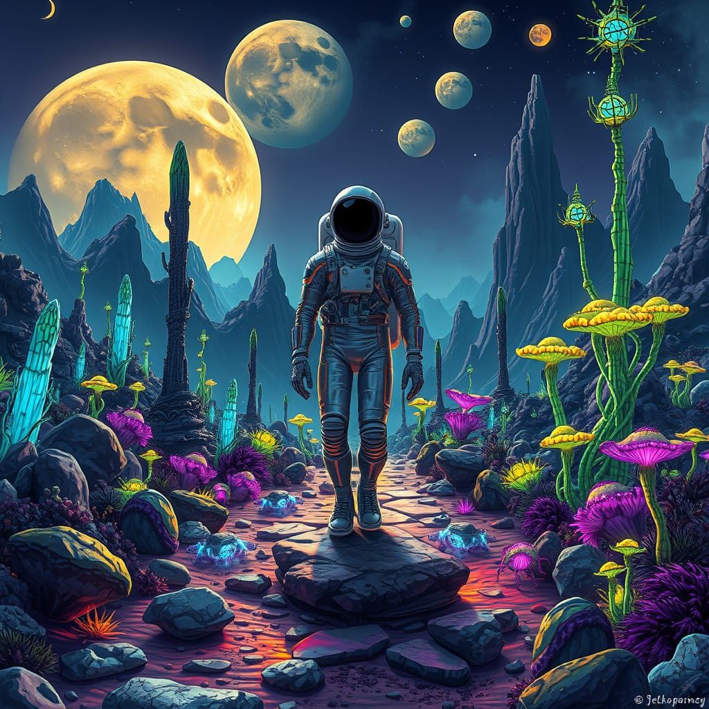 Astronaut Explores Alien Landscape with Towering Bioluminesc...