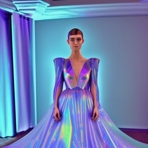 Ethereal purple holographic Met Gala dress with cobalt blue ...