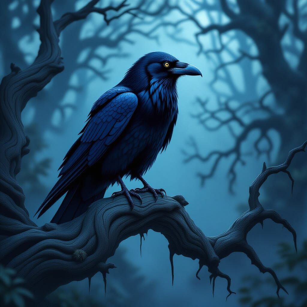 Raven in Twilight Forest: Dark Fantasy Concept Art