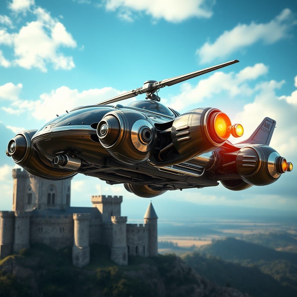 Jules Verne Flying Car Over Ancient Castle in 8K
