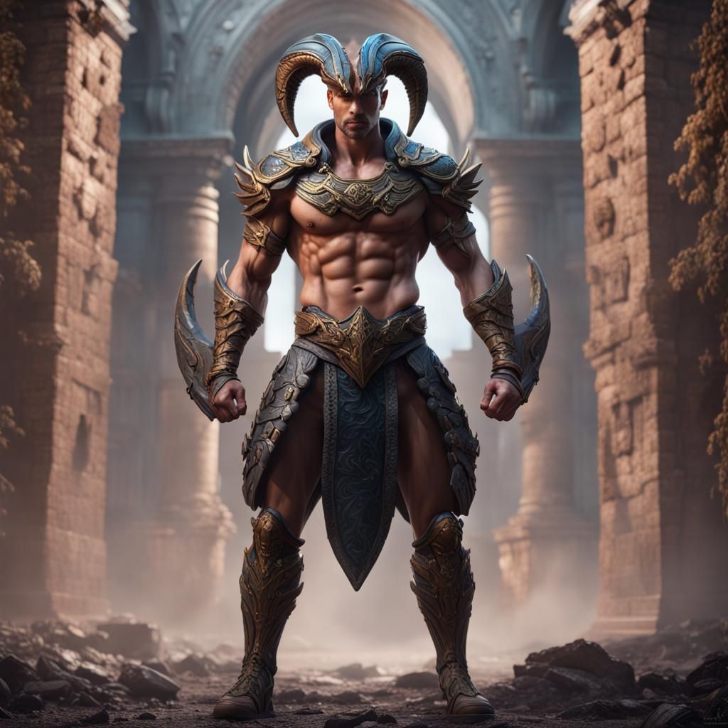 Typhon-Inspired Muscular Warrior in Hyperrealistic Style