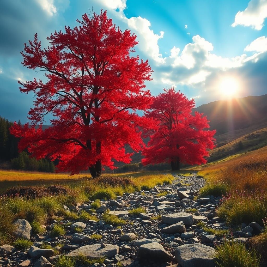 Vibrant Valley: Red Maple Trees After the Storm