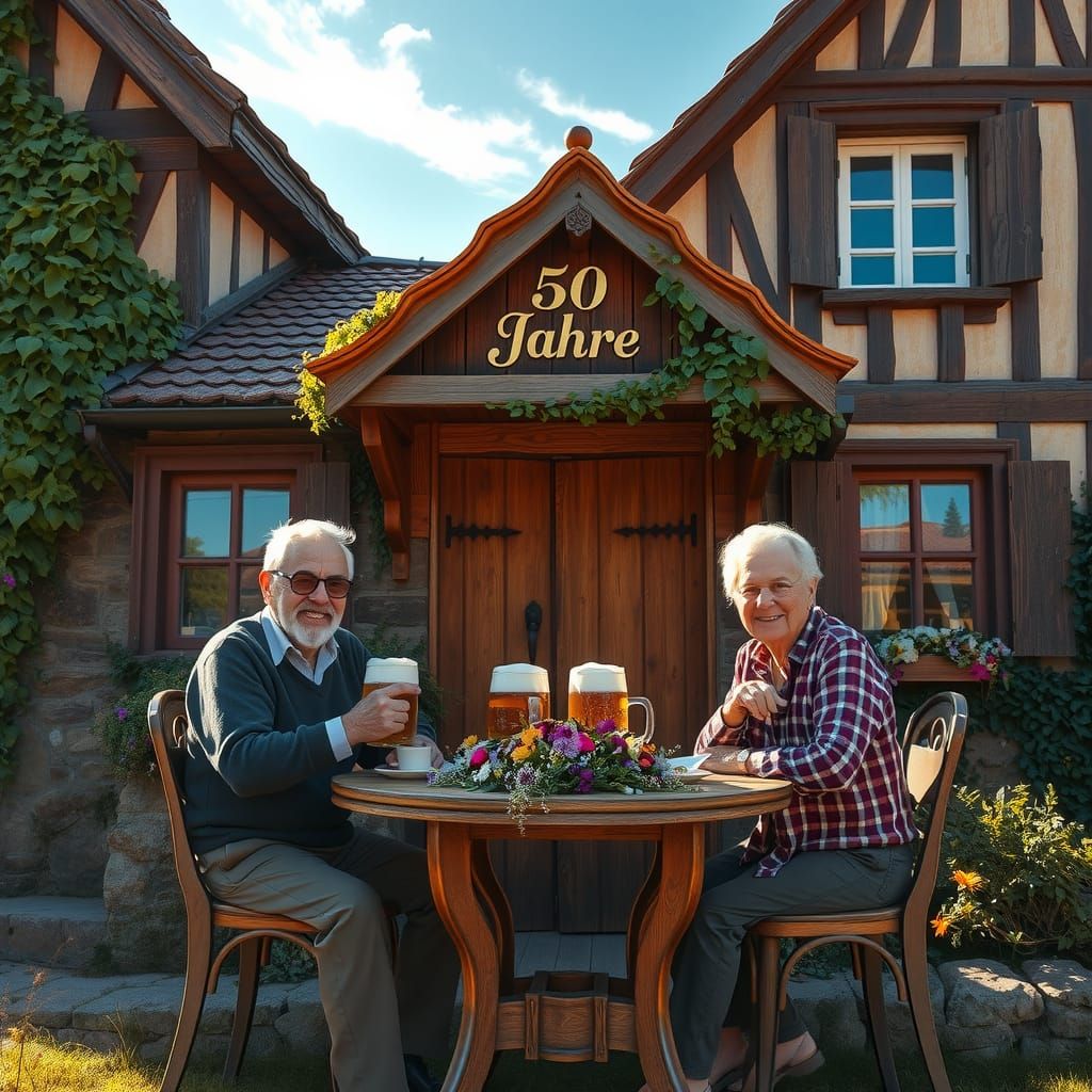 Couple Celebrates Anniversary in front of German House