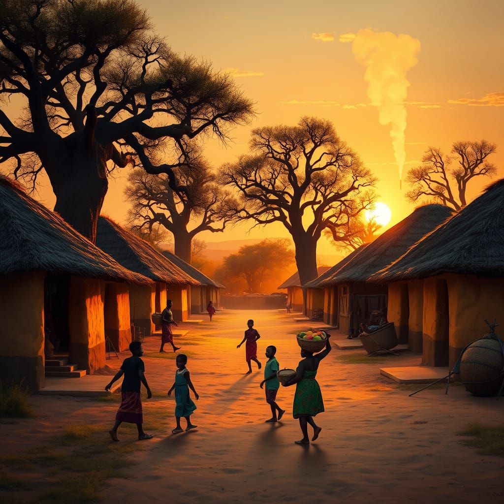 Traditional African Village at Sunset in Earthy Tones and Vi...