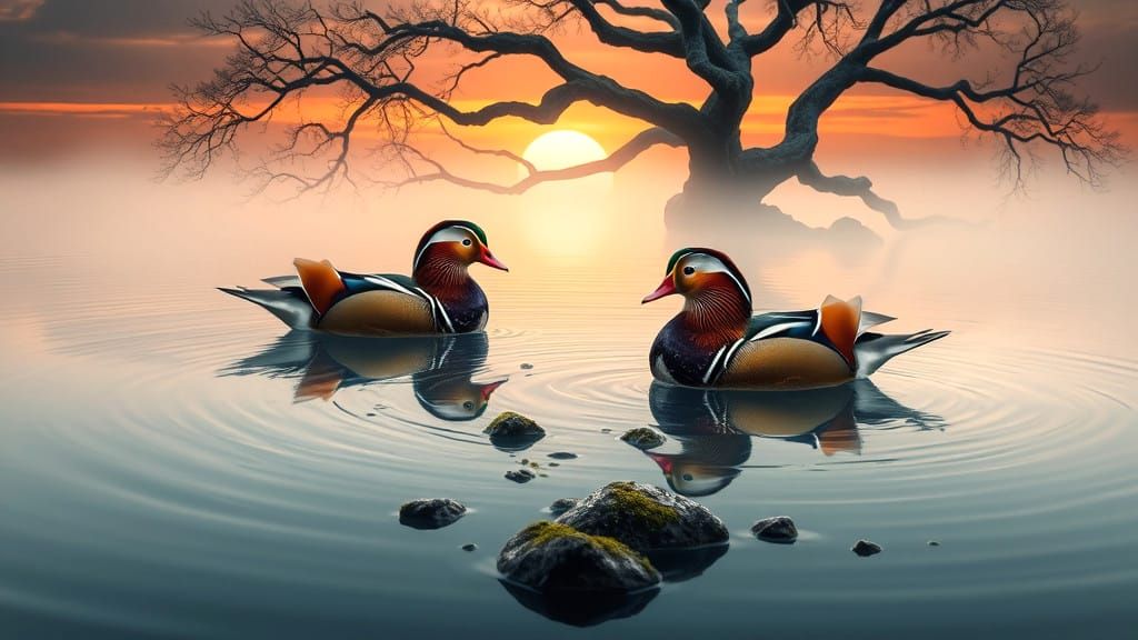Mandarin Ducks in Mystical Lagoon Sunset