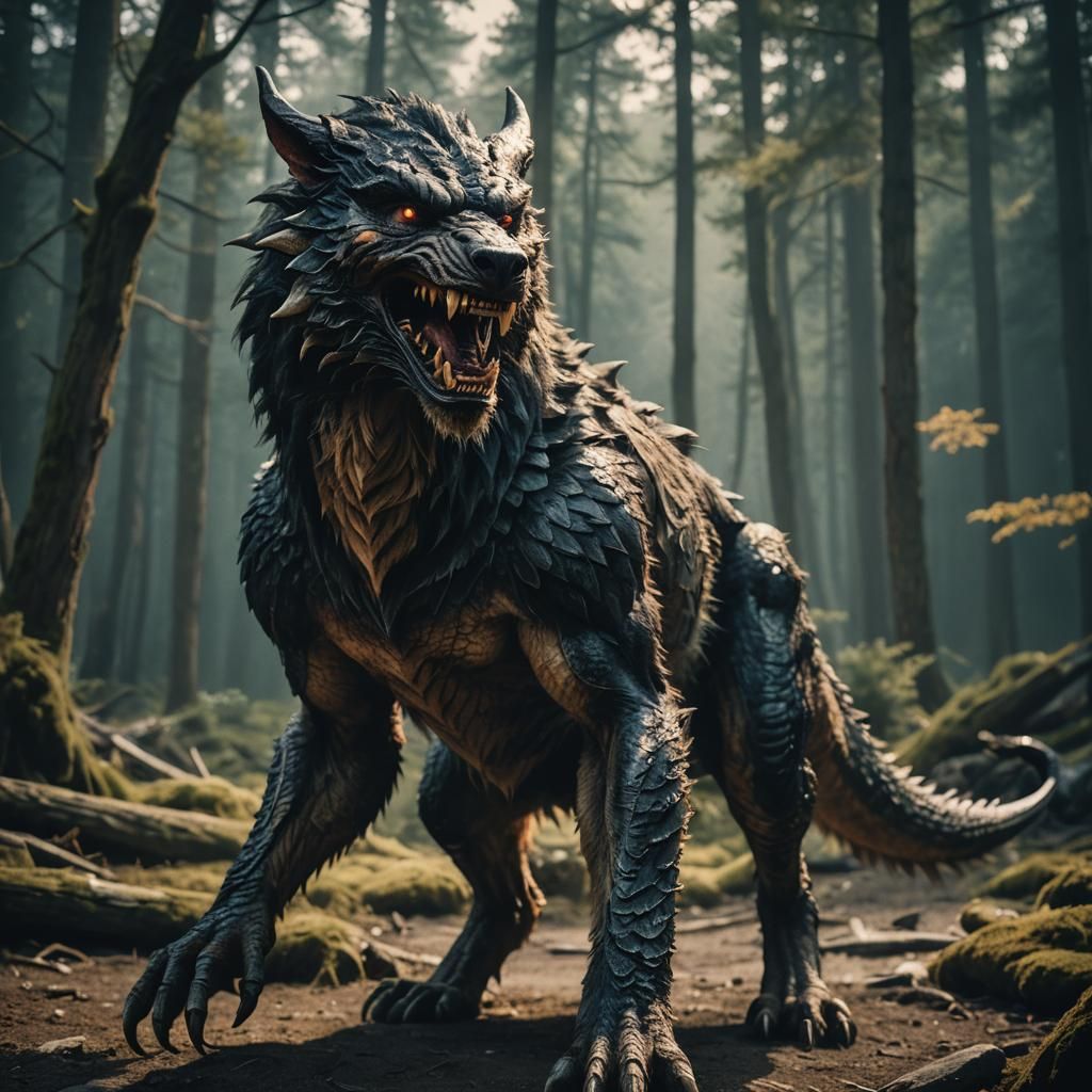 Epic Half-Dragon Half-Werewolf Cinematic Still