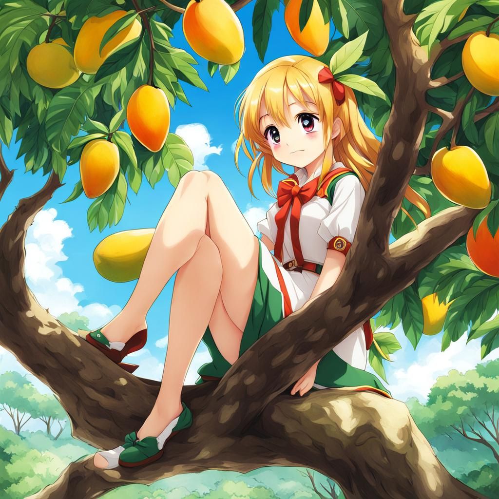 Cute Mango Girl in Anime Style Tree
