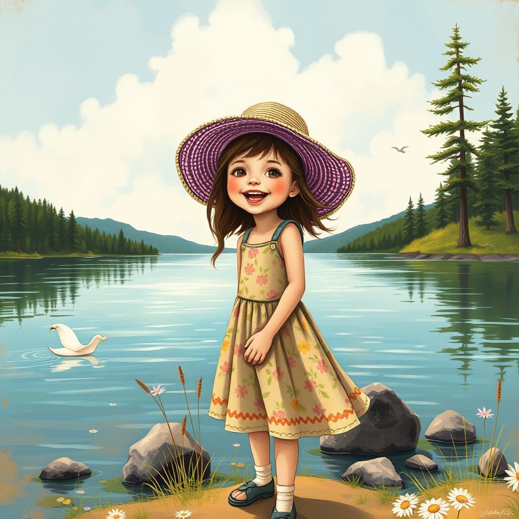 Joyful Girl in Floral Dress, Vintage Folk Art