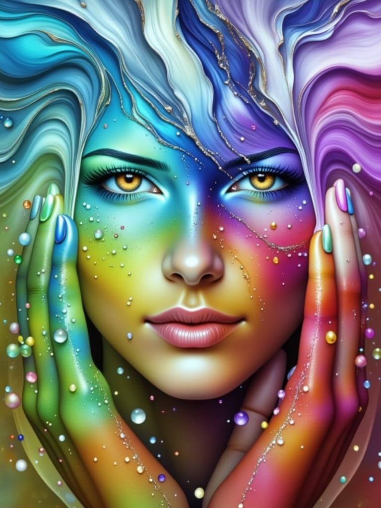 Beautiful Face with Rainbow Ink Splatters