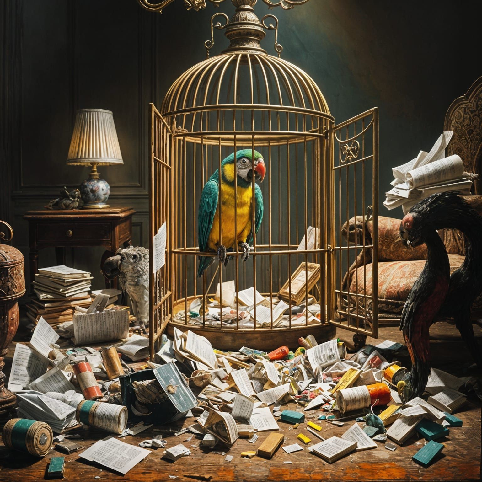 Mischievous Parrot Creates Trash Heap in Ornate Study