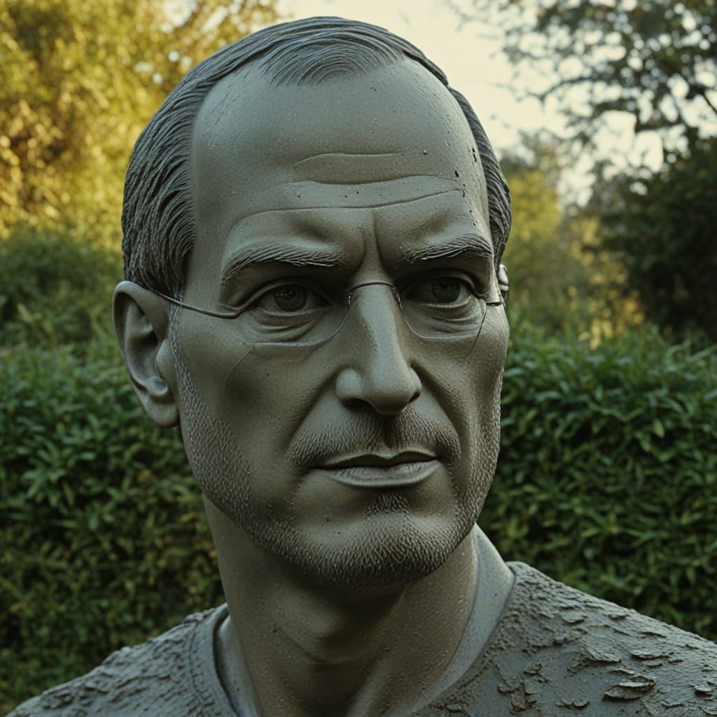 Surreal Stone Statue of Steve Jobs in Garden