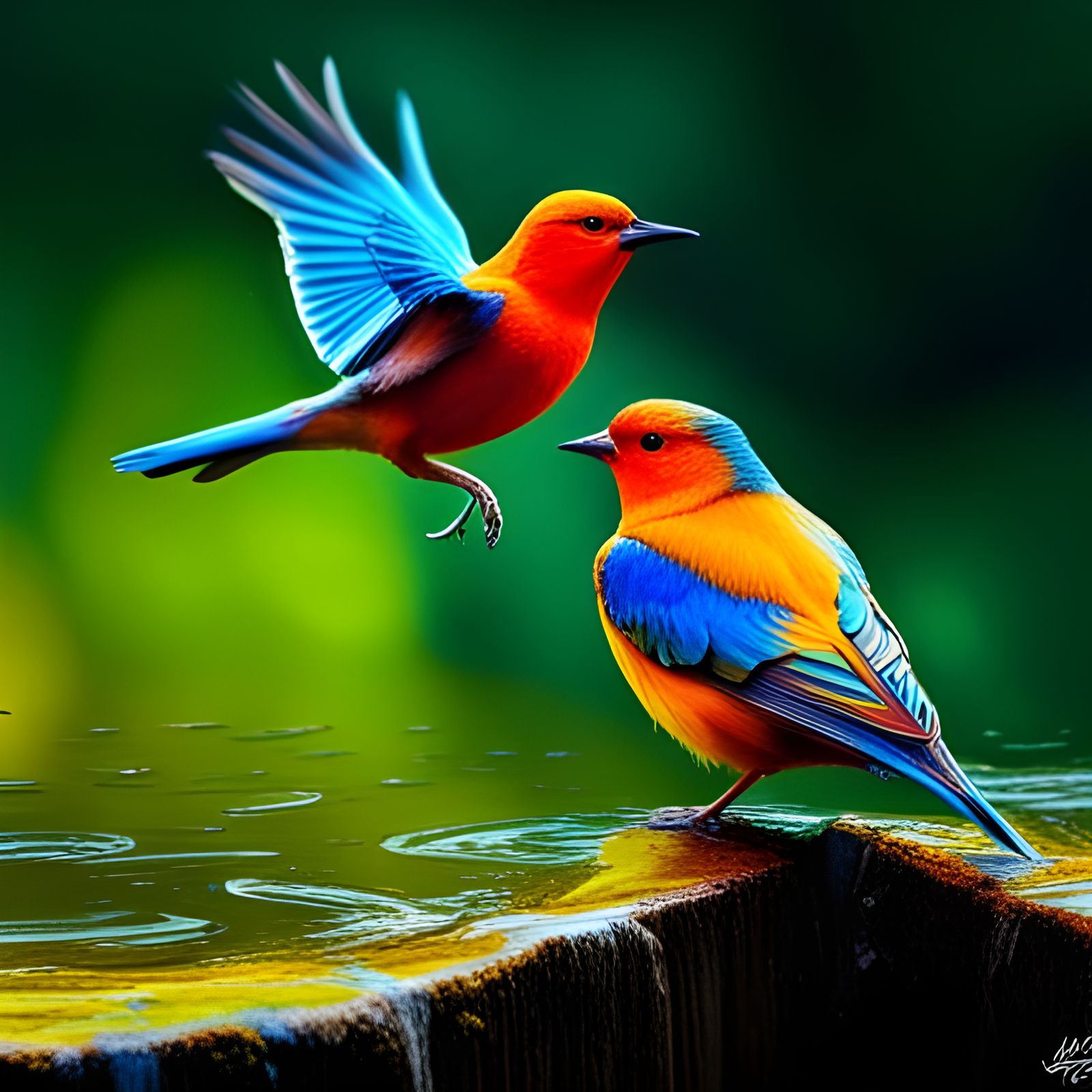 Birds in Rainy Forest: Graffiti Art Style