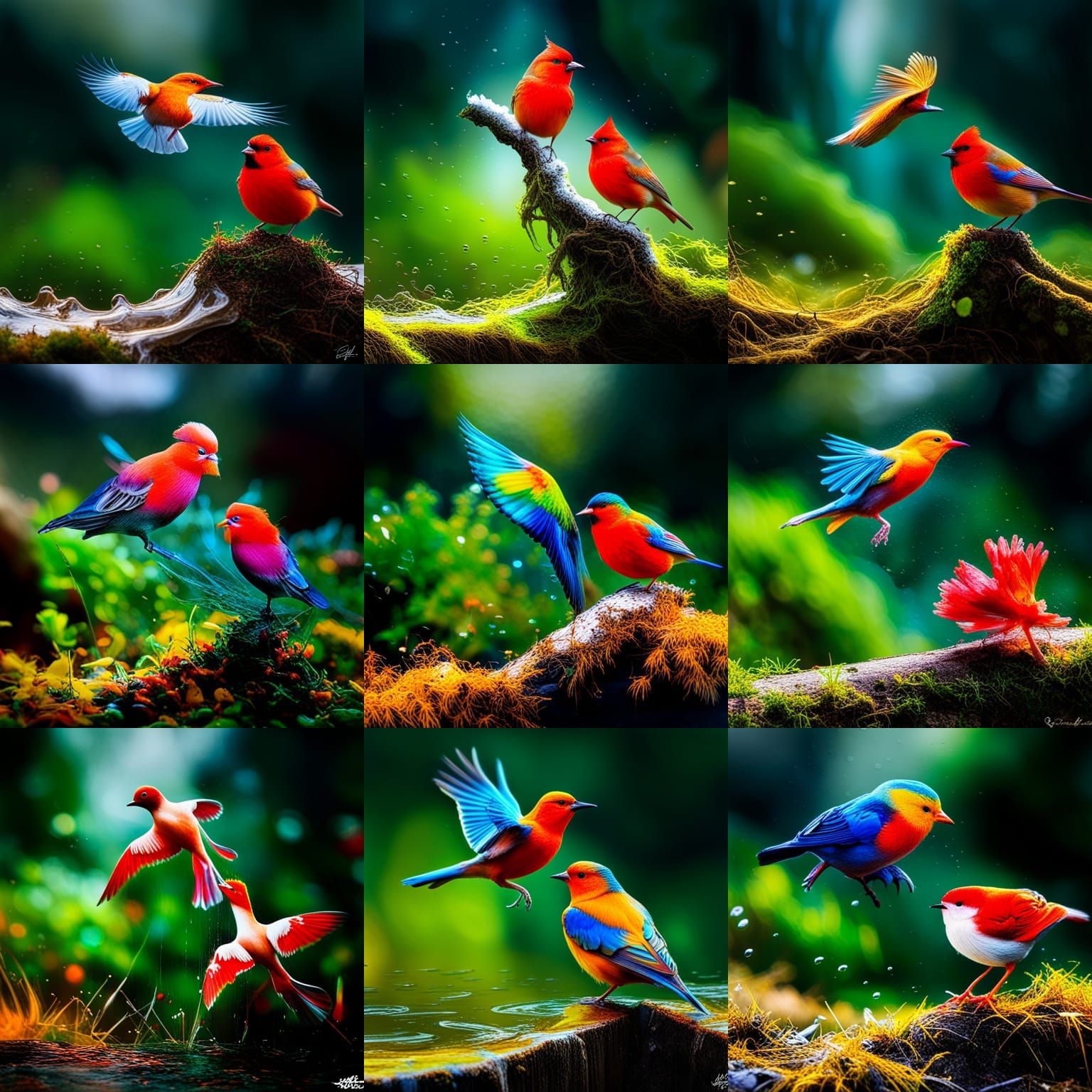 Fantasy Birds in Rainy Forest Graffiti Art