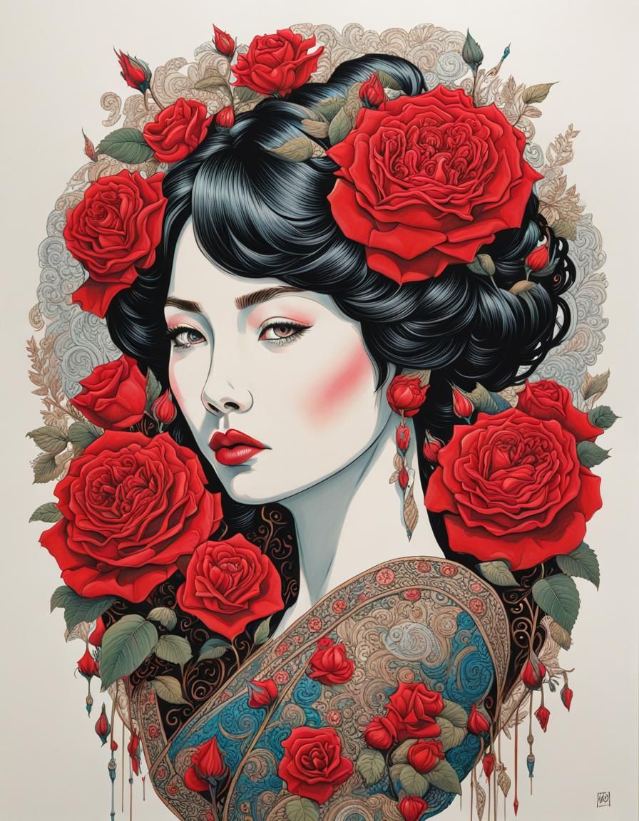 Woman with Rose Portrait in Detailed Style