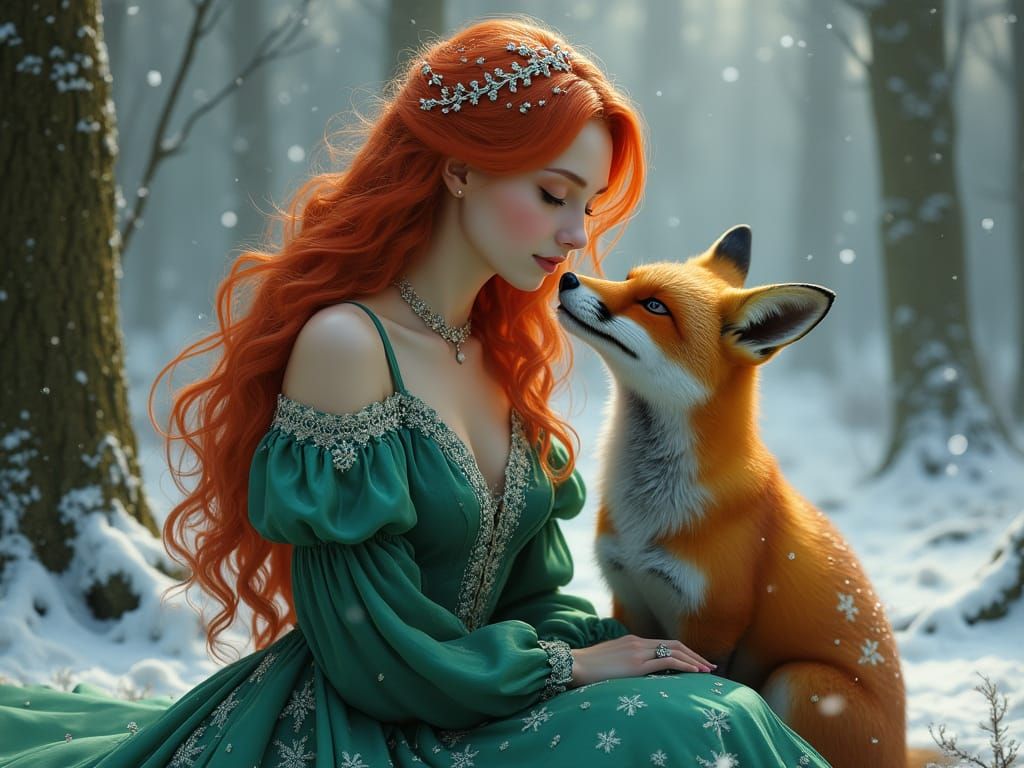 Woman with Fox in Snowy Forest, Fantasy Realism