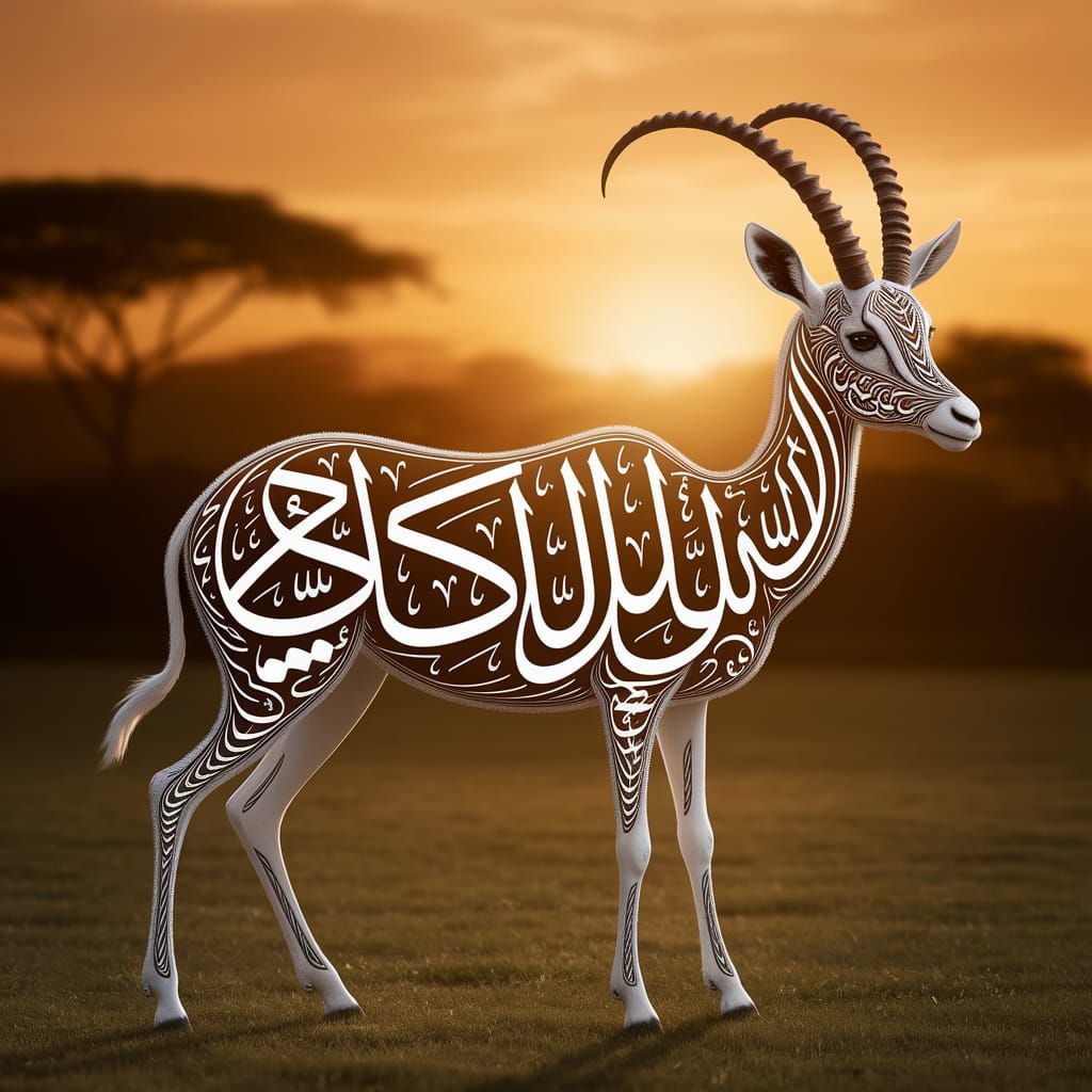 Gazelle Composed of Arabic Calligraphy in Savanna