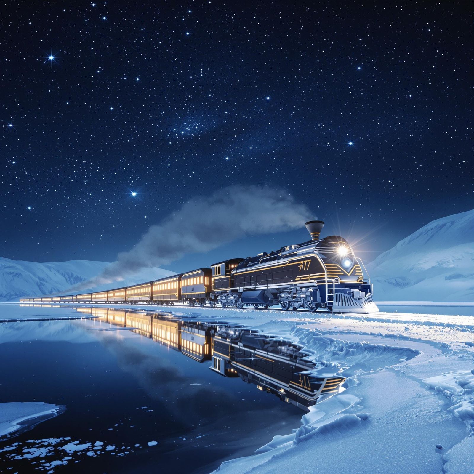 Night Train in Snowy Landscape, Photographic Style