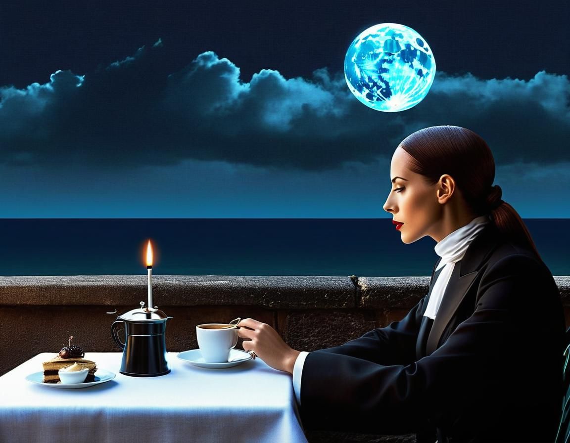 Anthropomorphic Creature Listens to the Sea in Cafe