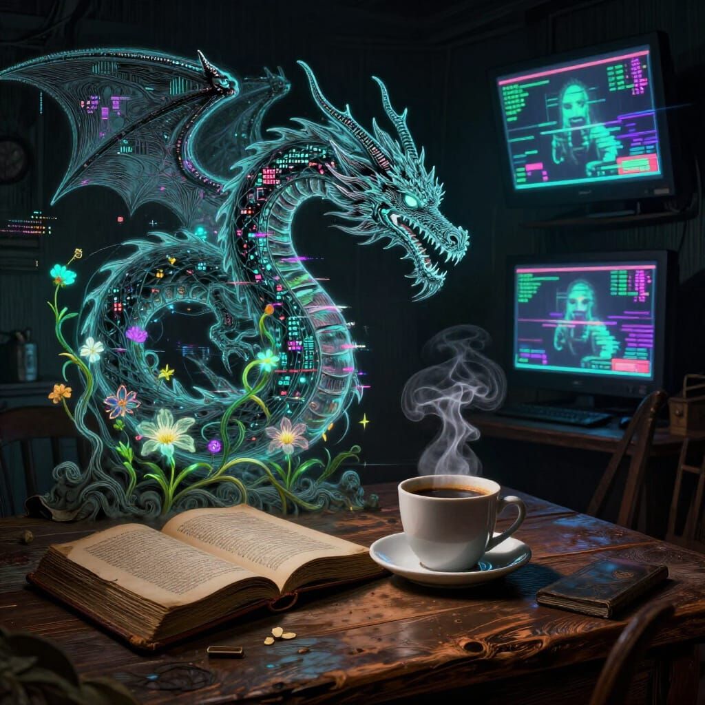 Dragon Steam & Glitching Screens in Neon Room
