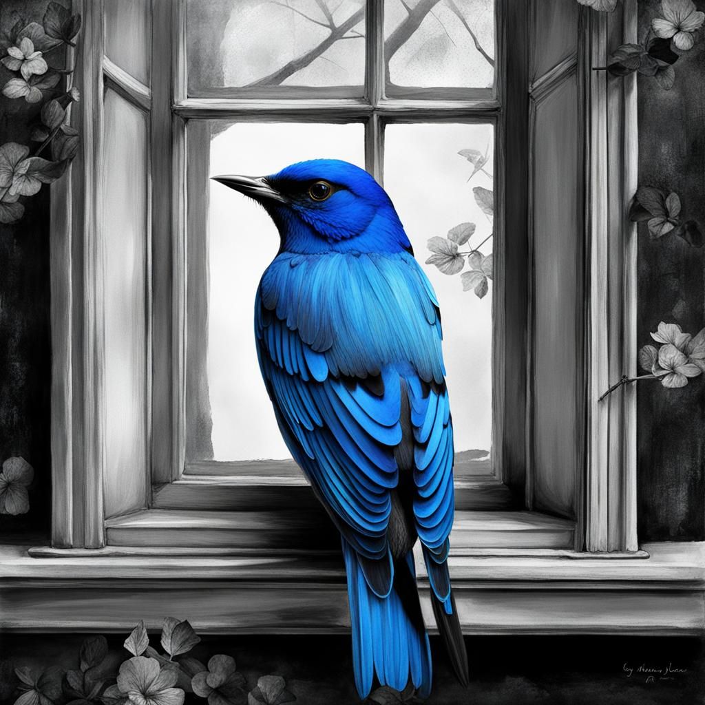 Color Pop Bluebird in Eerie Greyscale Scene