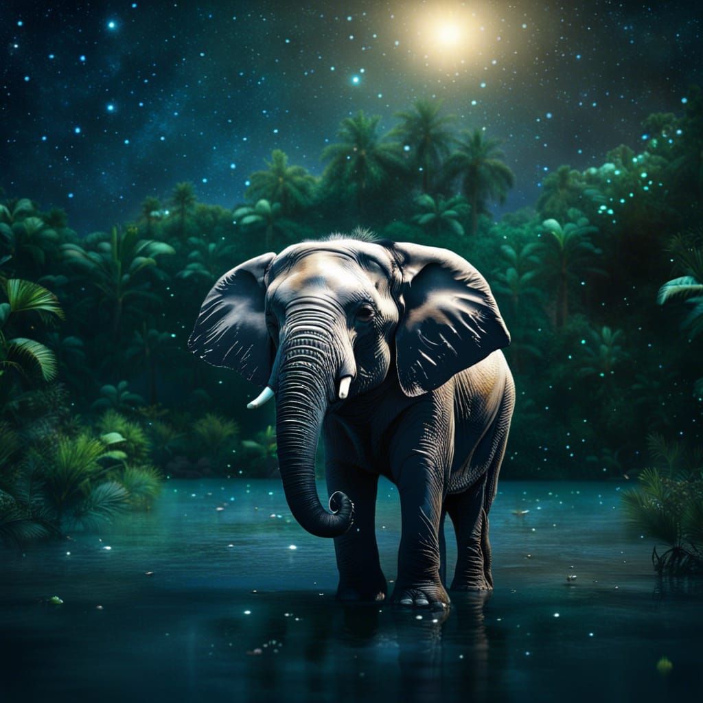 Photorealistic Baby Elephant in Jungle Lagoon at Night