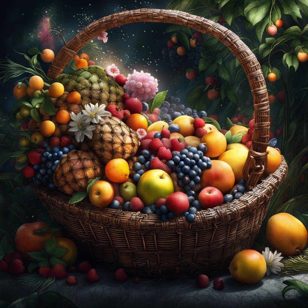 Hyperrealistic Wicker Basket with Fruits and Flowers