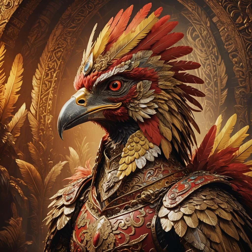Golden Aarakocra Hero in Ornate Armor