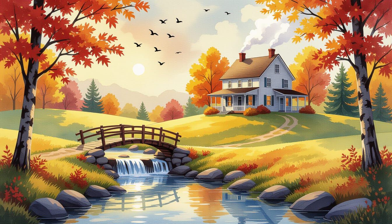Luminous Watercolor Autumn Farmhouse Scene