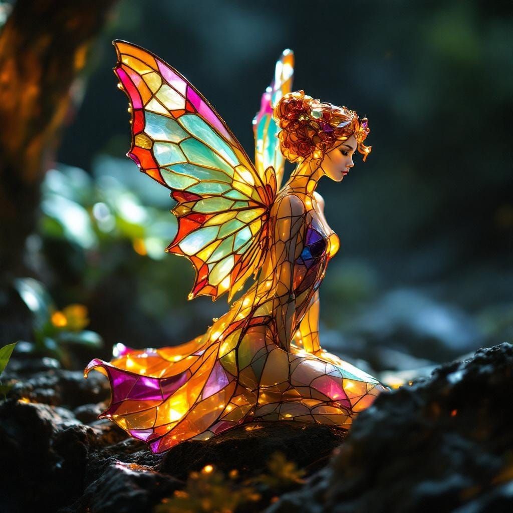 Stained Glass Fairy with Translucent Wings, Cinematic Lighti...