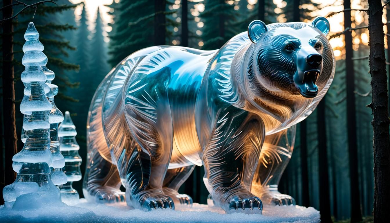Detailed Ice Bear Sculpture in Forest Setting