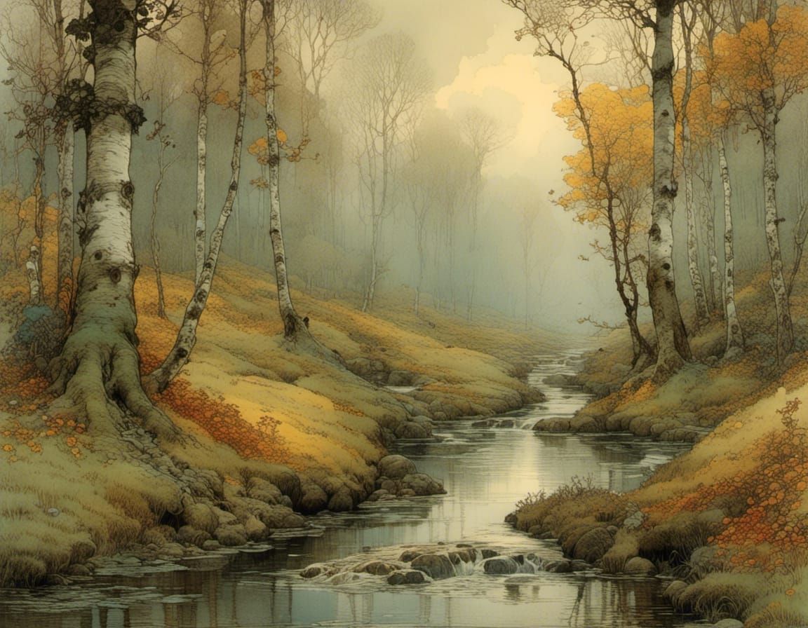 Autumnal Stream Through Birch Forest Meadow