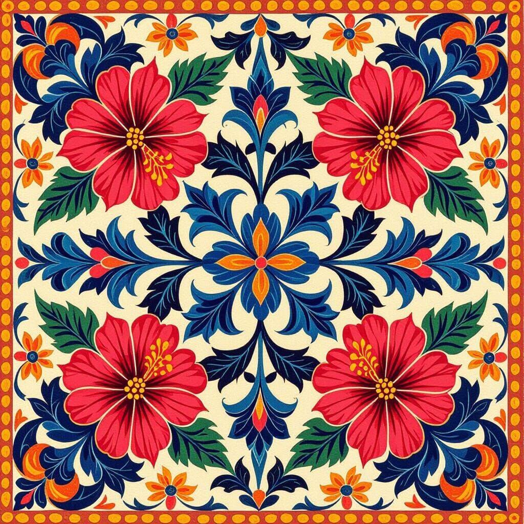 Malaysian Batik Design with Hibiscus in Folk Art Style