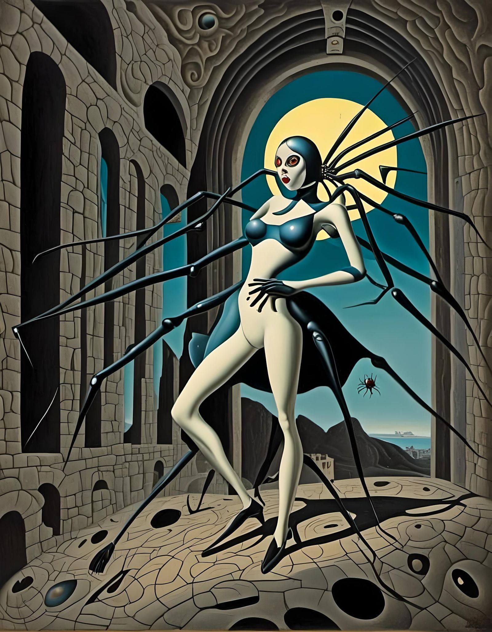 pale spider girl in a castle ruin