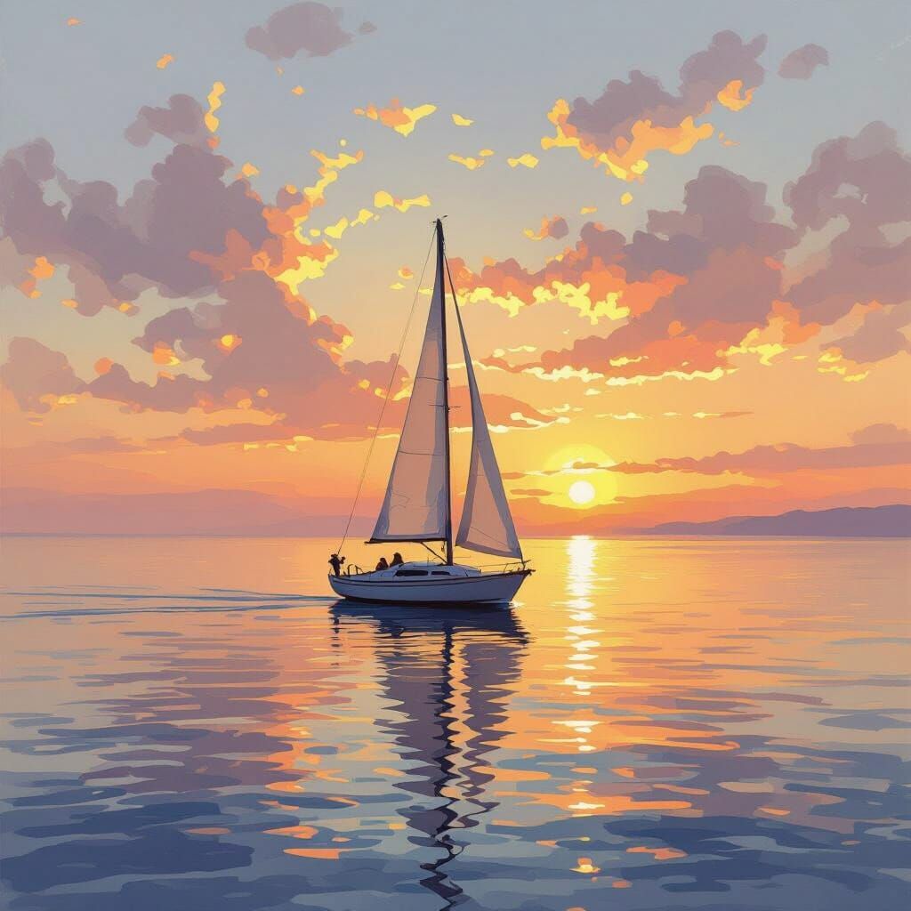 Sailboat on Golden Sunrise Waters in Romantic Style