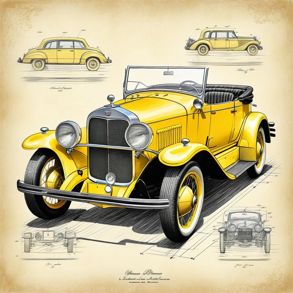 Vintage Yellow Car in Patent Drawing Style