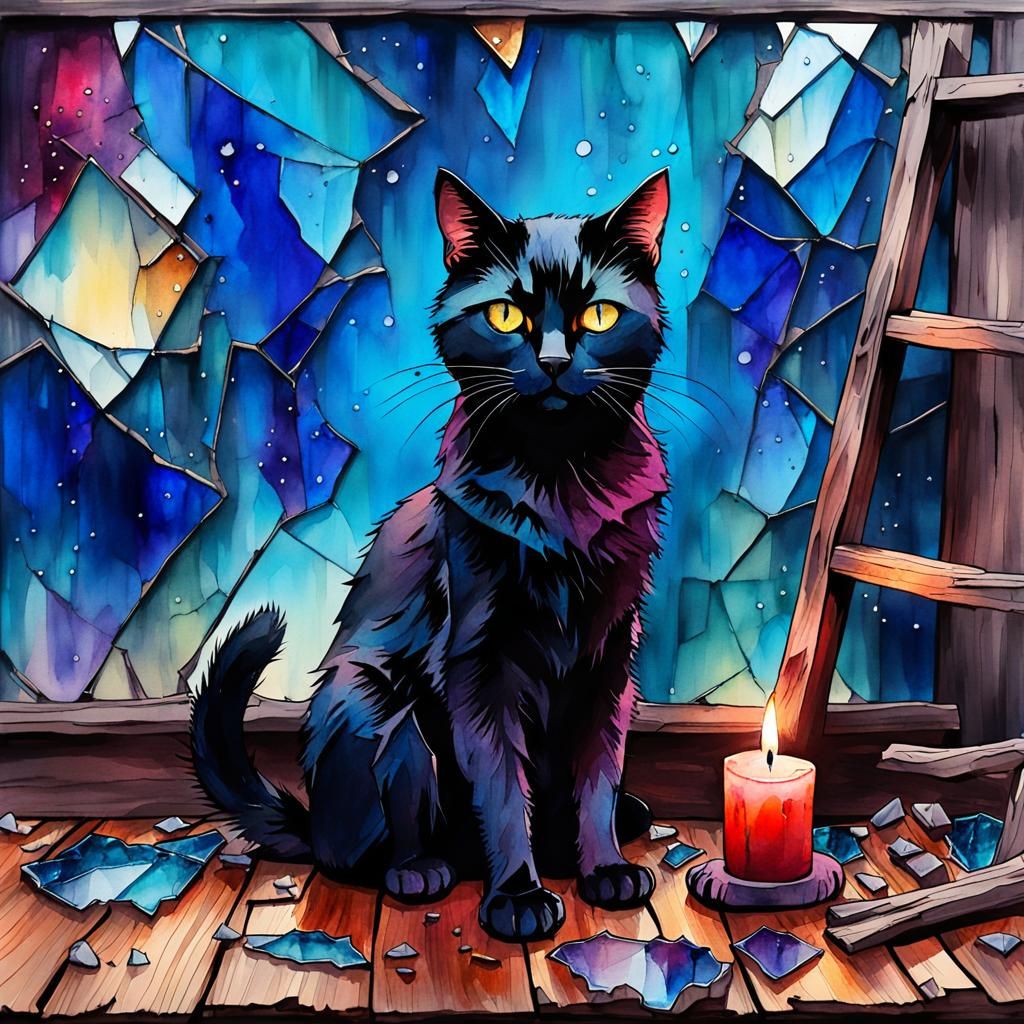 Eerie Black Cat Watercolor Sketch on Ladder