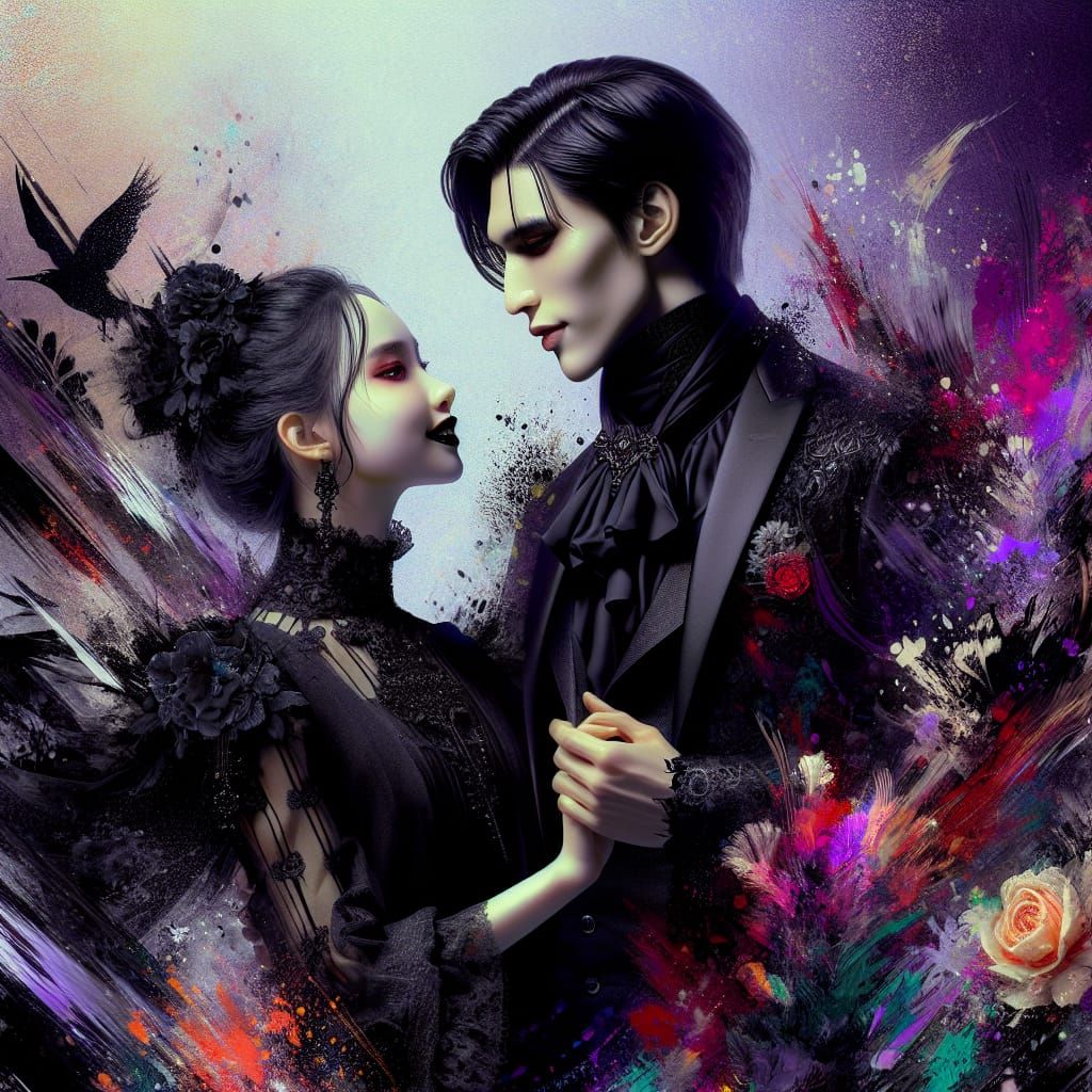 Gothic Girl and Vampire Lover in Hyperrealistic Style
