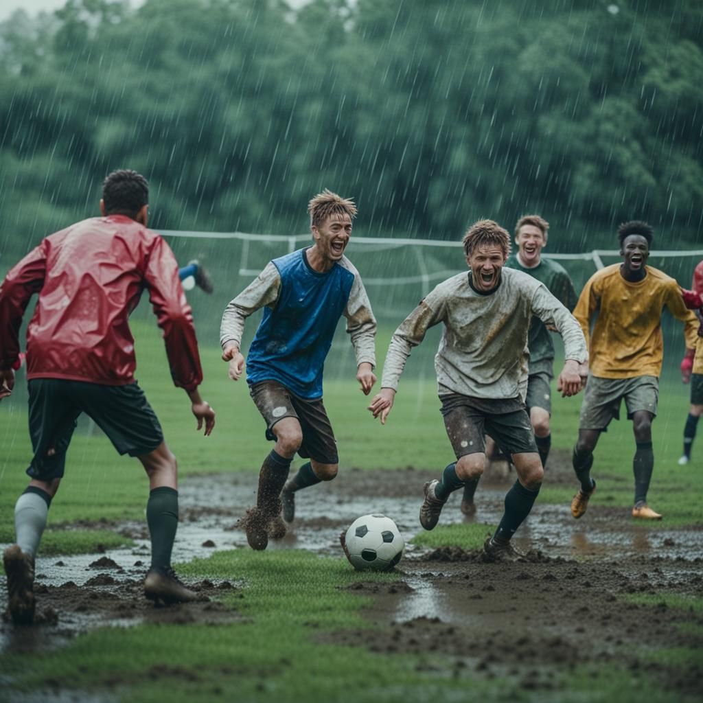 Friends Play Soccer in Muddy Rain: Cinematic Still