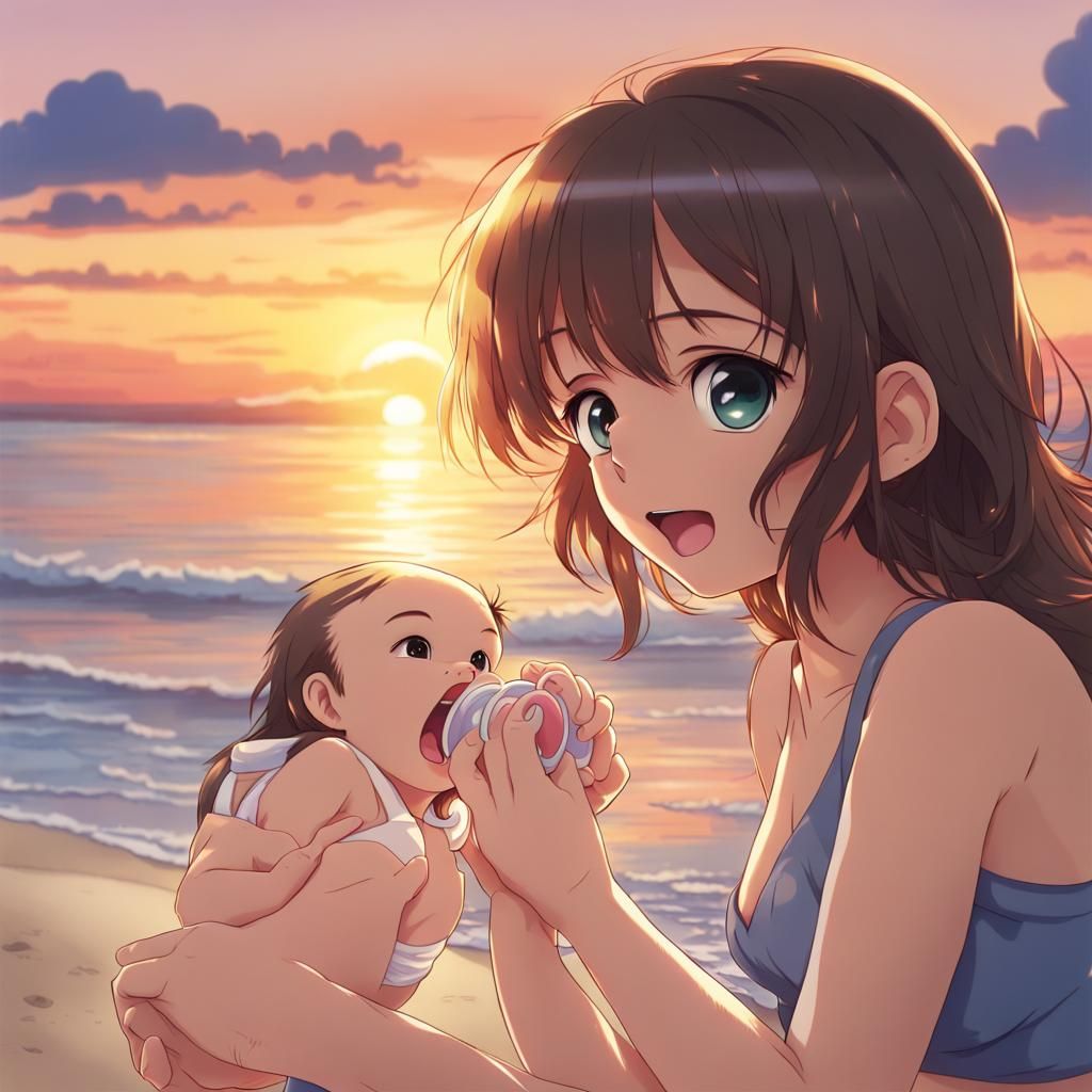 Anime Style Baby Girl on Beach at Sunset